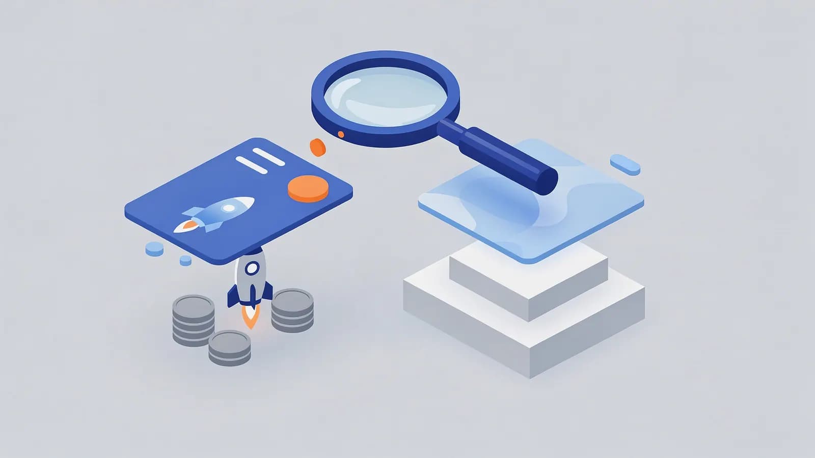 Magnifying glass examining a rocket launching from coin stacks beneath a digital card, illustrating Search engine marketing.
