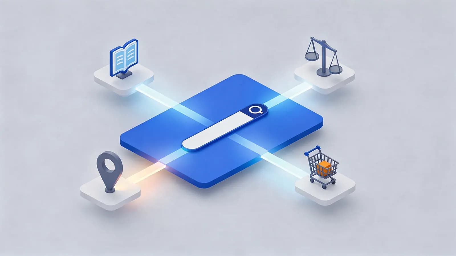 A search bar linking to icons for information, justice, shopping, and location, illustrating search intent.