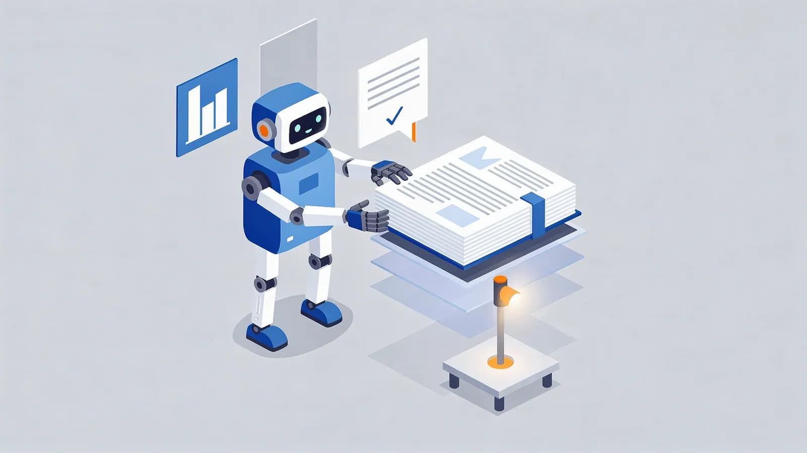 A robot interacts with a stack of reports, a bar chart, a checklist, and a highlighted flag, illustrating SEO reporting.
