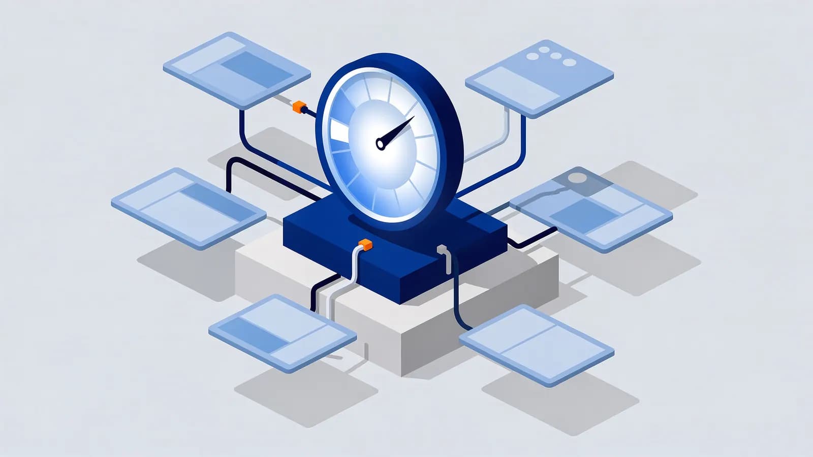 A central gauge linked to a processing unit and six data input panels, representing an SEO visibility score.