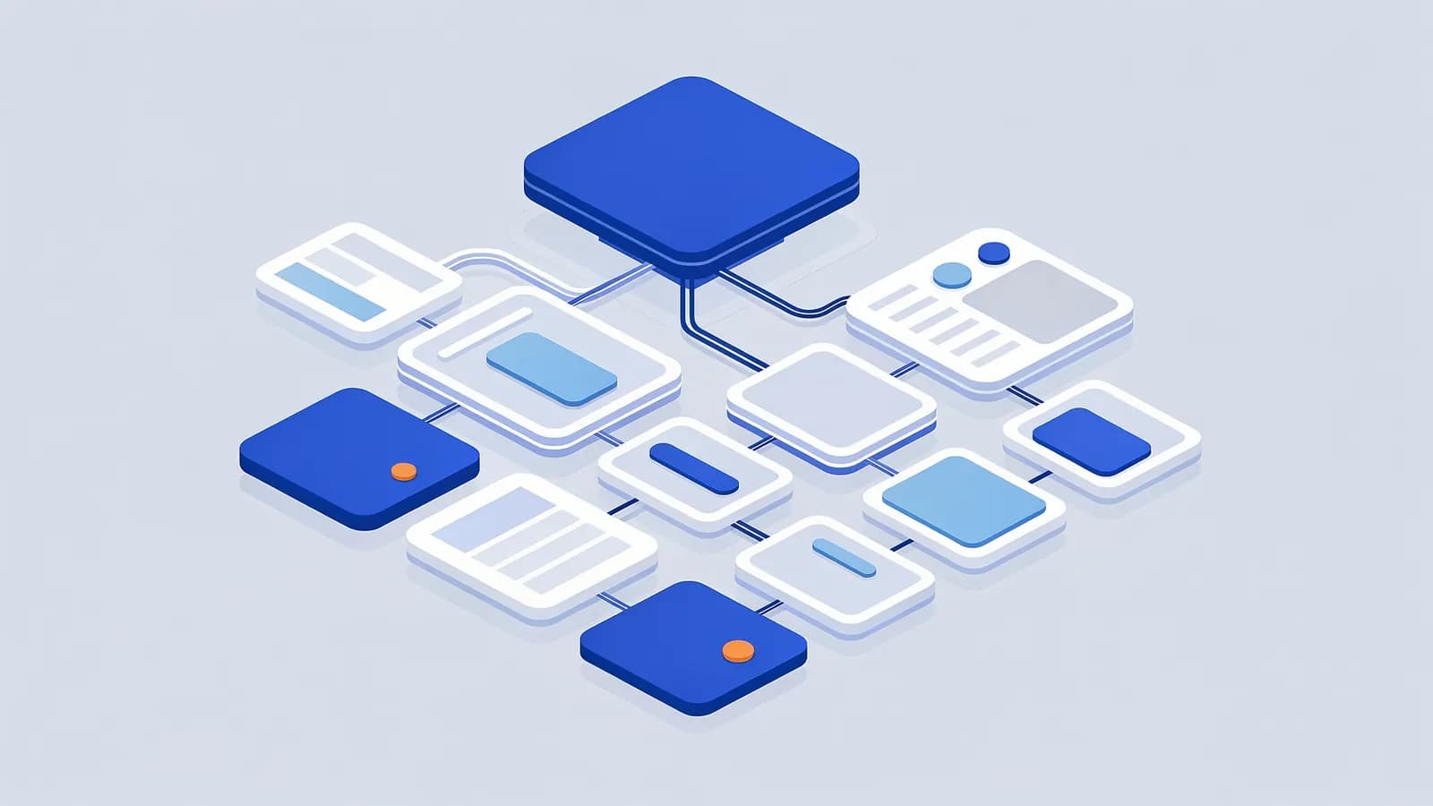 Isometric diagram of a main block connected to a network of smaller content blocks, representing site architecture.
