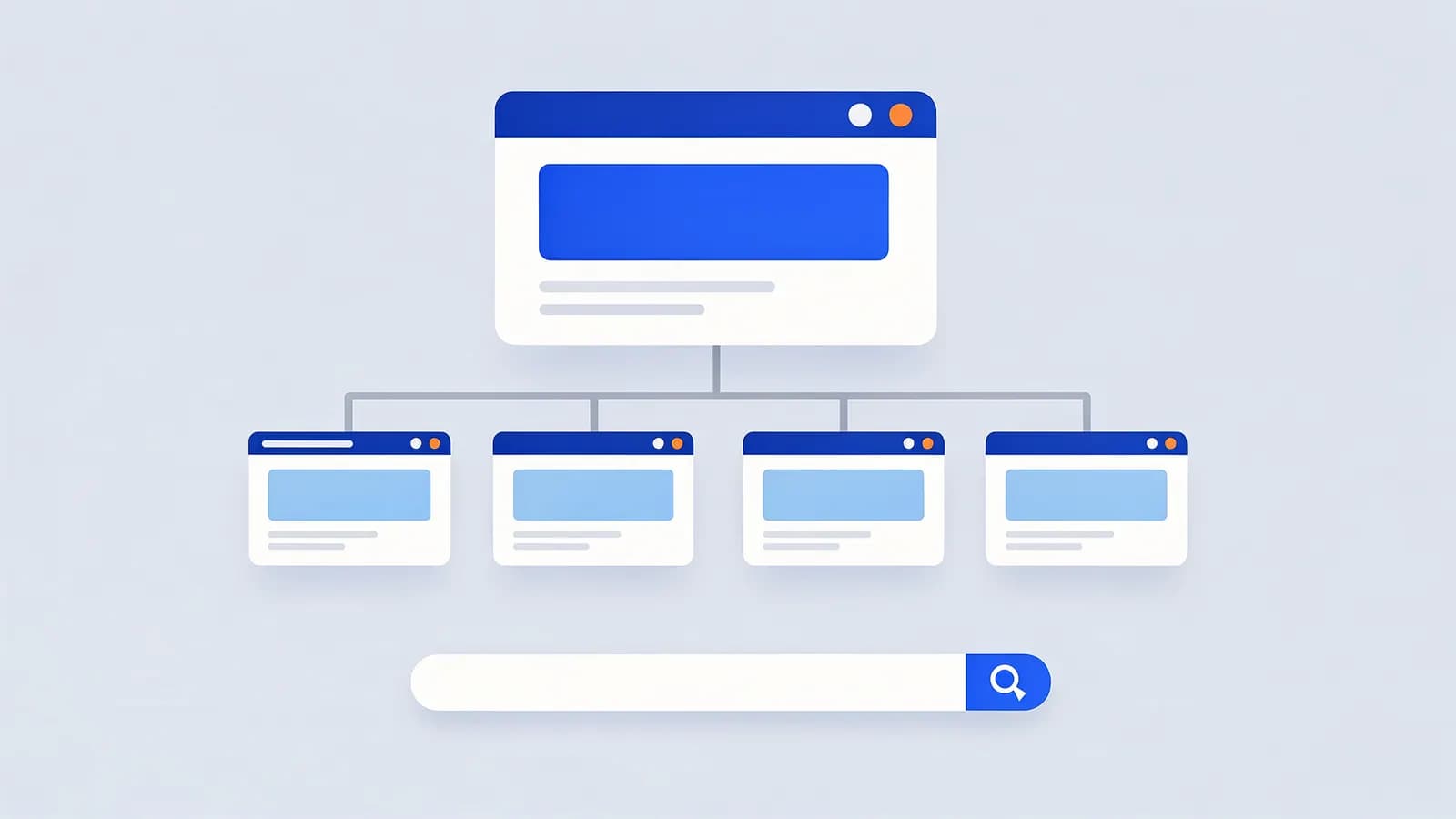 Browser windows showing a main page linked to four sub-pages, representing Sitelinks in search results.