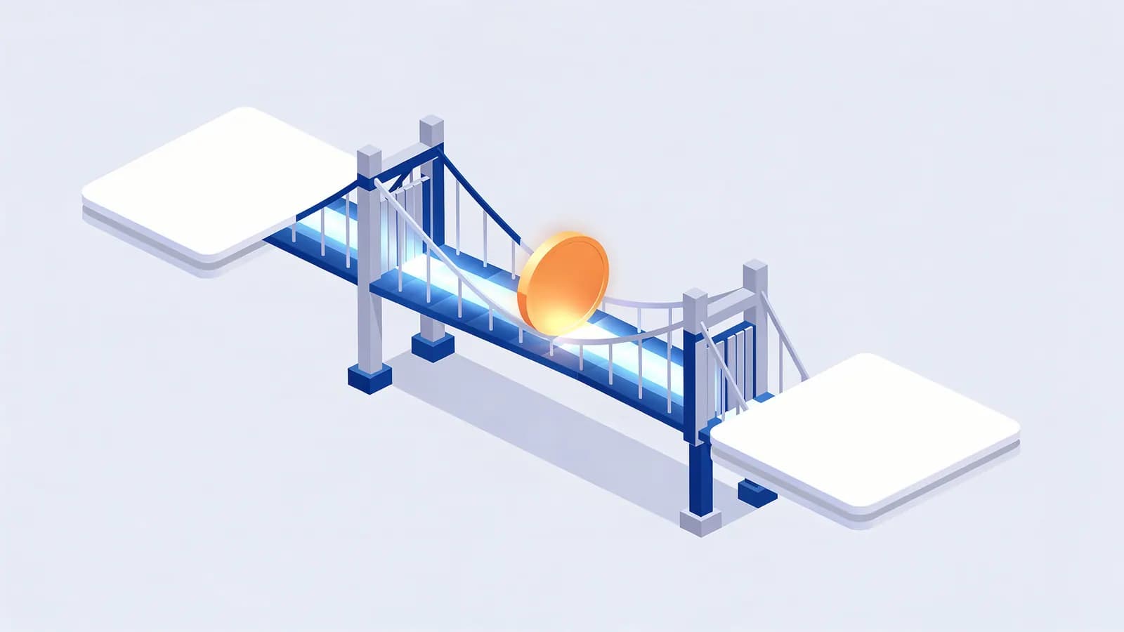 A golden coin rolls across a glowing bridge connecting two platforms, illustrating a rel=sponsored link.
