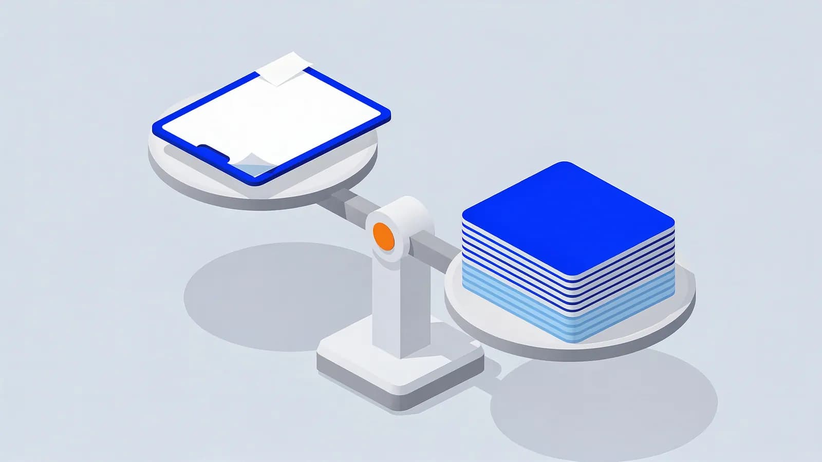 A balancing scale with a single sheet of paper on one side, outweighed by a thick stack of papers, illustrating thin content.