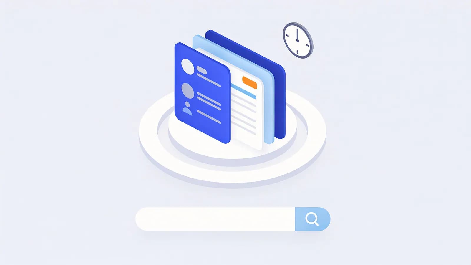 Stack of content cards with a clock icon above and a search bar below, illustrating the concept of Top stories.