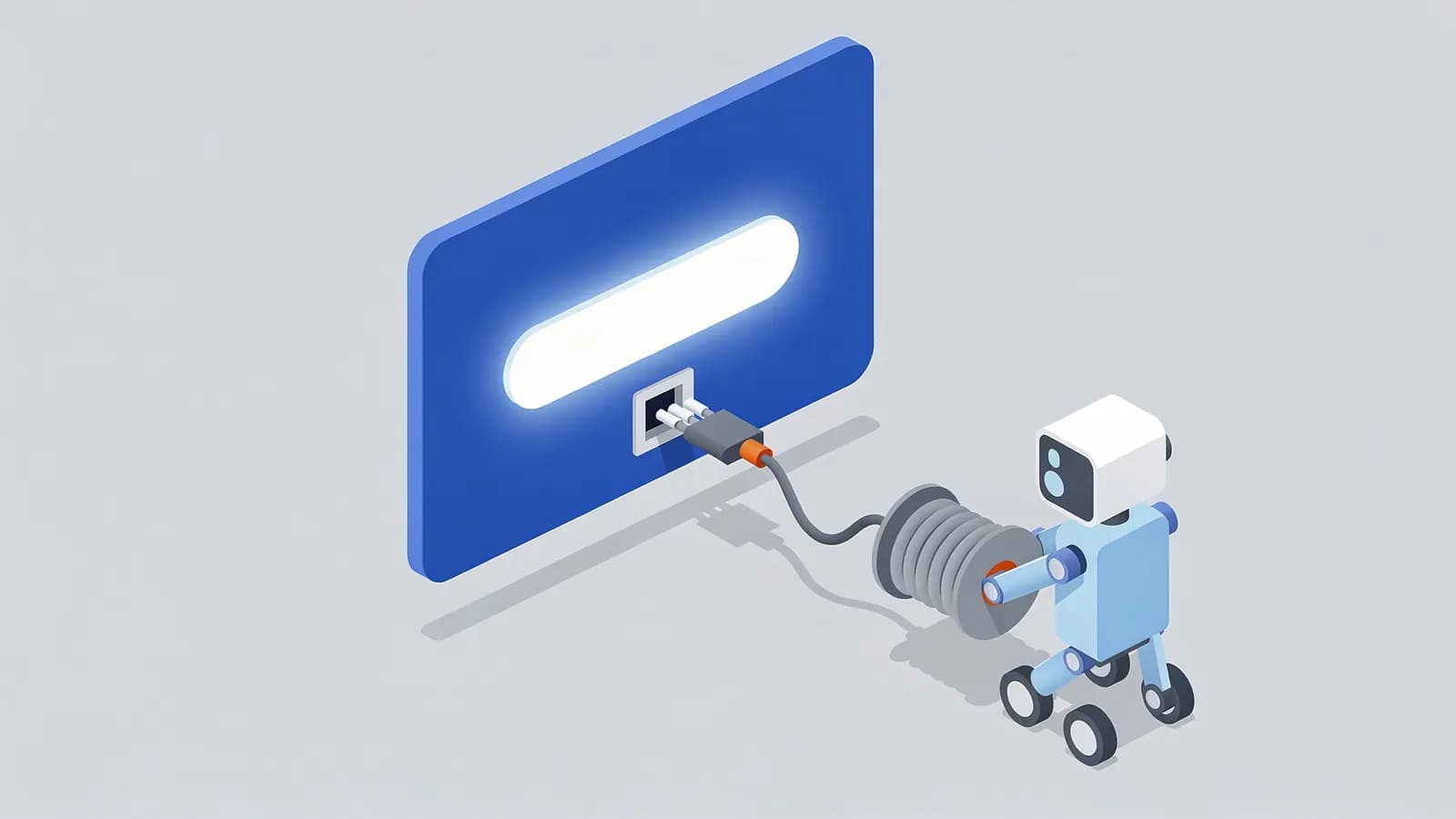 A robot connects a cable from a spool to a glowing input field on a screen, illustrating how to link unlinked brand mentions.