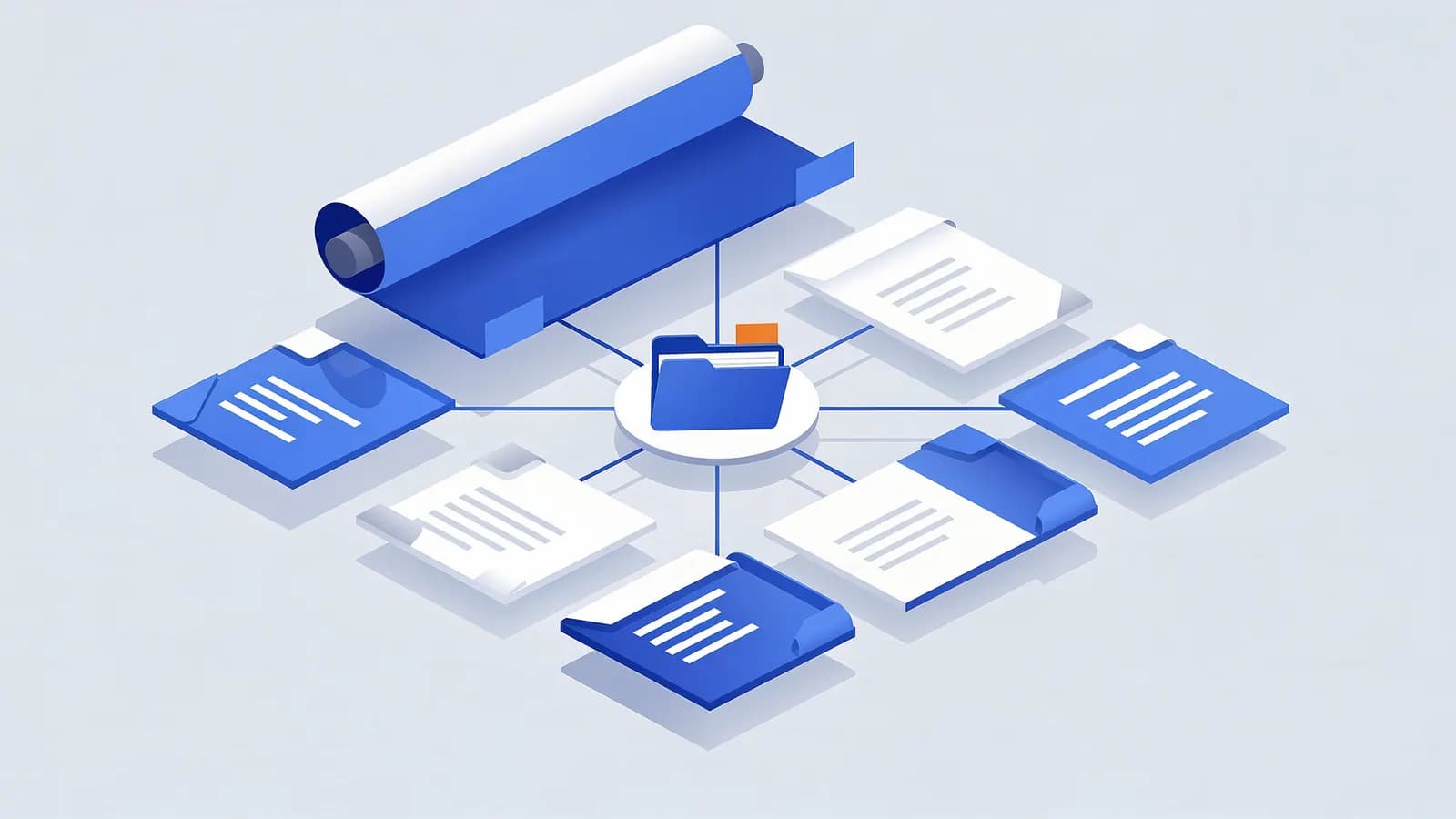 A central folder connected by lines to multiple document files and a large rolled-up scroll, illustrating an XML sitemap.