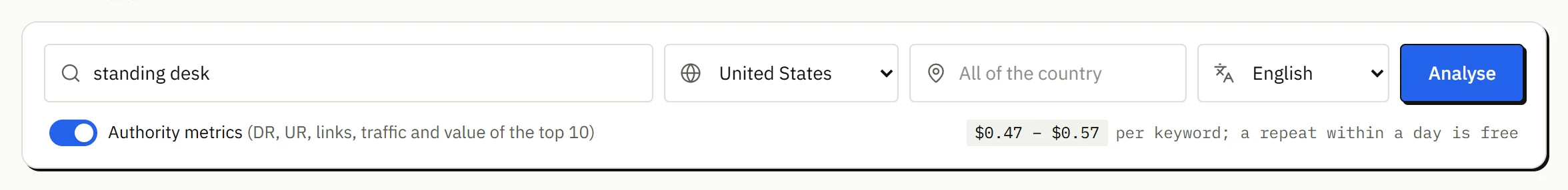 The search row: keyword, country, city or state, language and the Analyse button, with the price